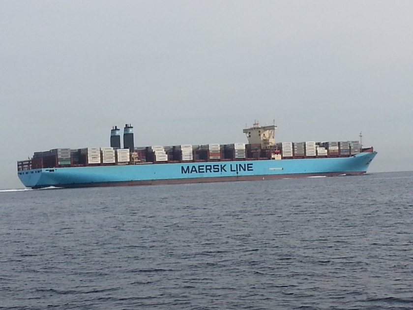 The Matz Maersk. This ship produced a tremendous wake, more than 6 feet, with breaking waves!